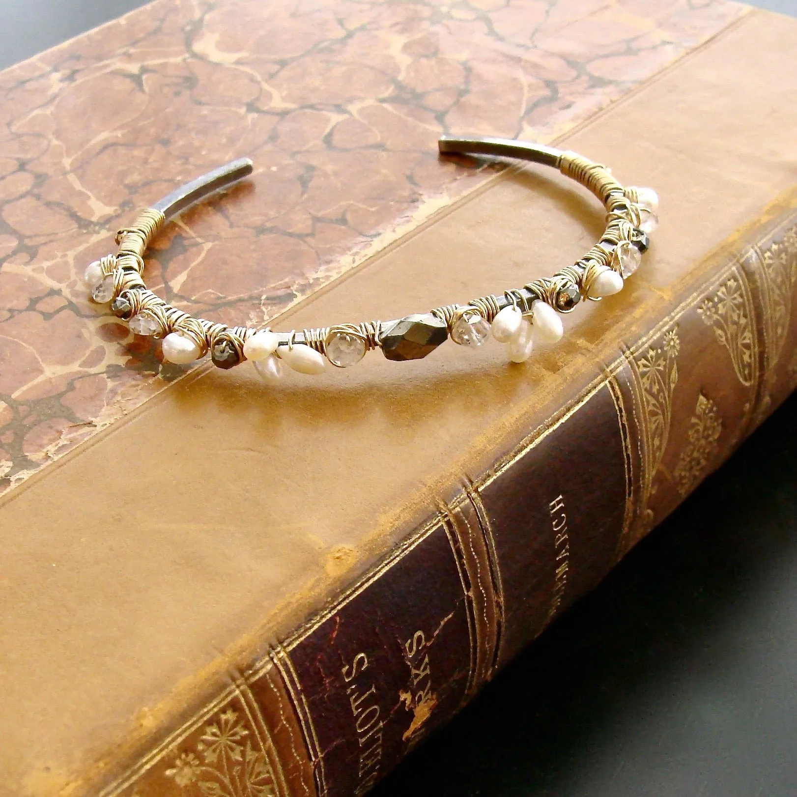 Pyrite Rock Crystal Seed Pearls Hand Wrapped Oxidized Silver Mixed Metals Cuff Bracelet - Maddie Stacking Bracelet