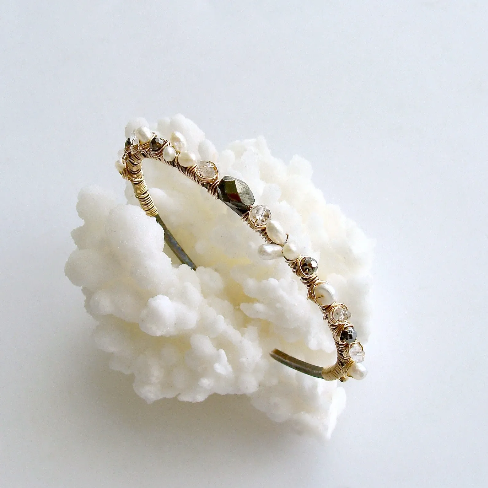 Pyrite Rock Crystal Seed Pearls Hand Wrapped Oxidized Silver Mixed Metals Cuff Bracelet - Maddie Stacking Bracelet