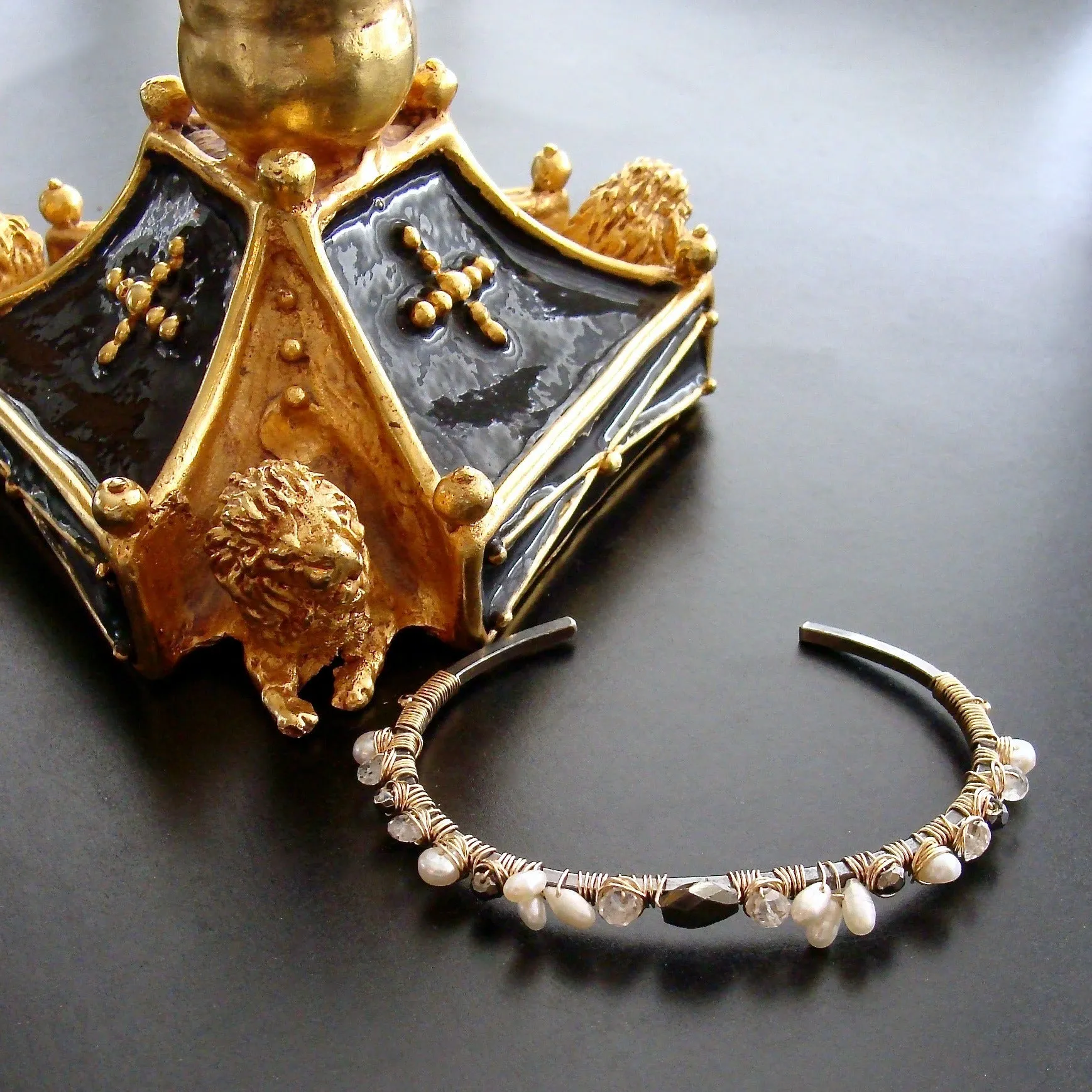 Pyrite Rock Crystal Seed Pearls Hand Wrapped Oxidized Silver Mixed Metals Cuff Bracelet - Maddie Stacking Bracelet