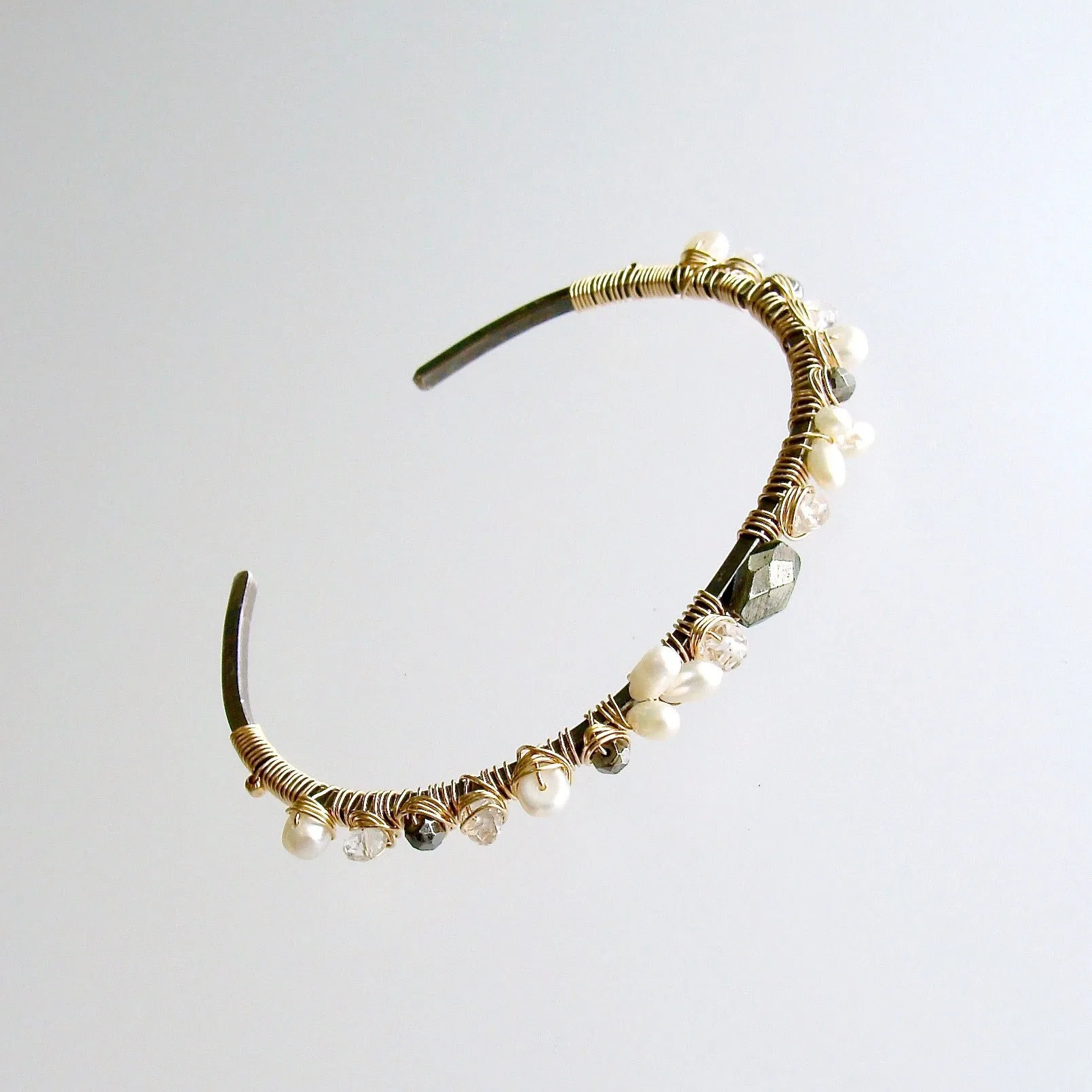Pyrite Rock Crystal Seed Pearls Hand Wrapped Oxidized Silver Mixed Metals Cuff Bracelet - Maddie Stacking Bracelet
