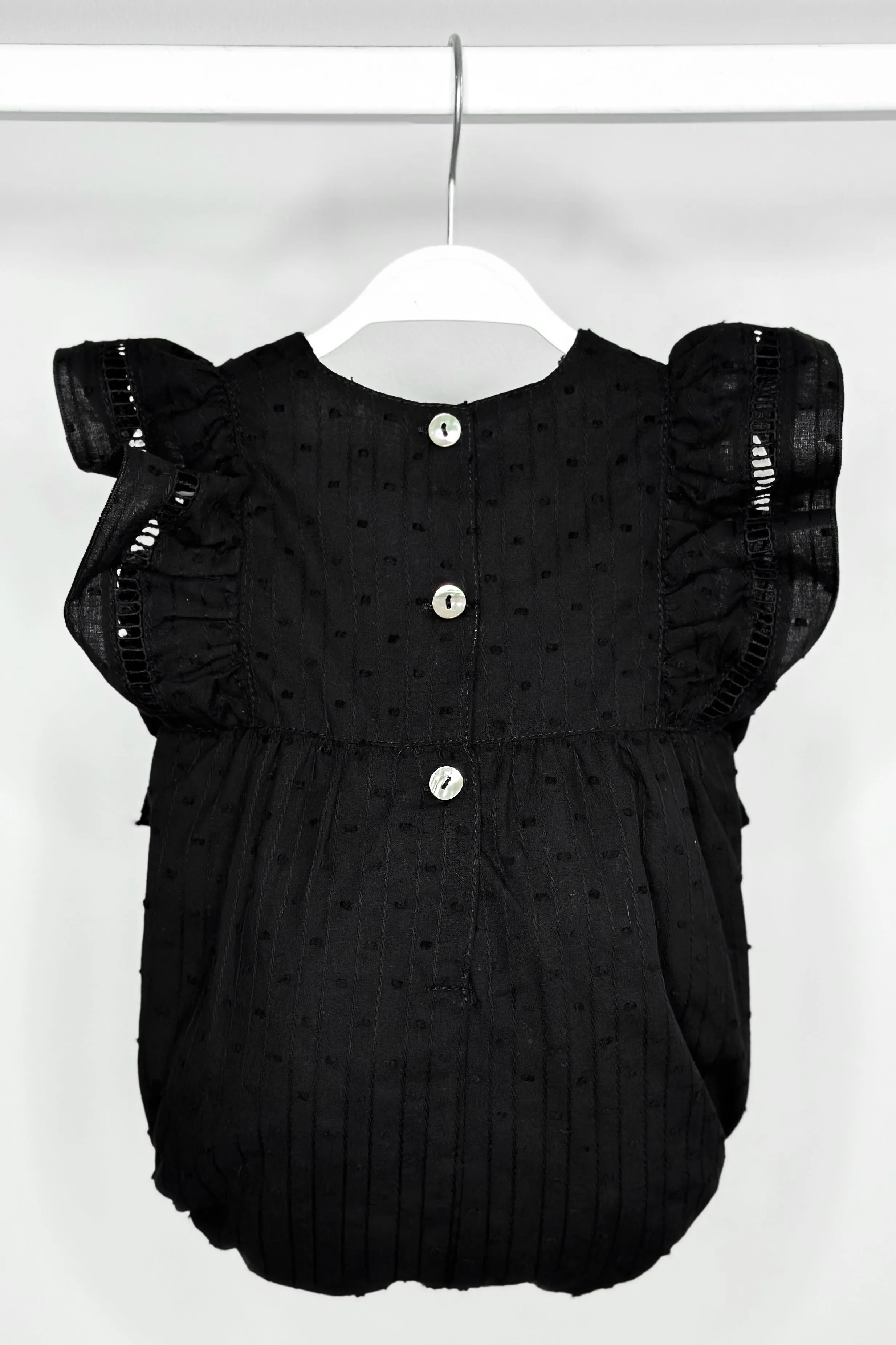 "Evalina" Black Plumeti Dot Romper