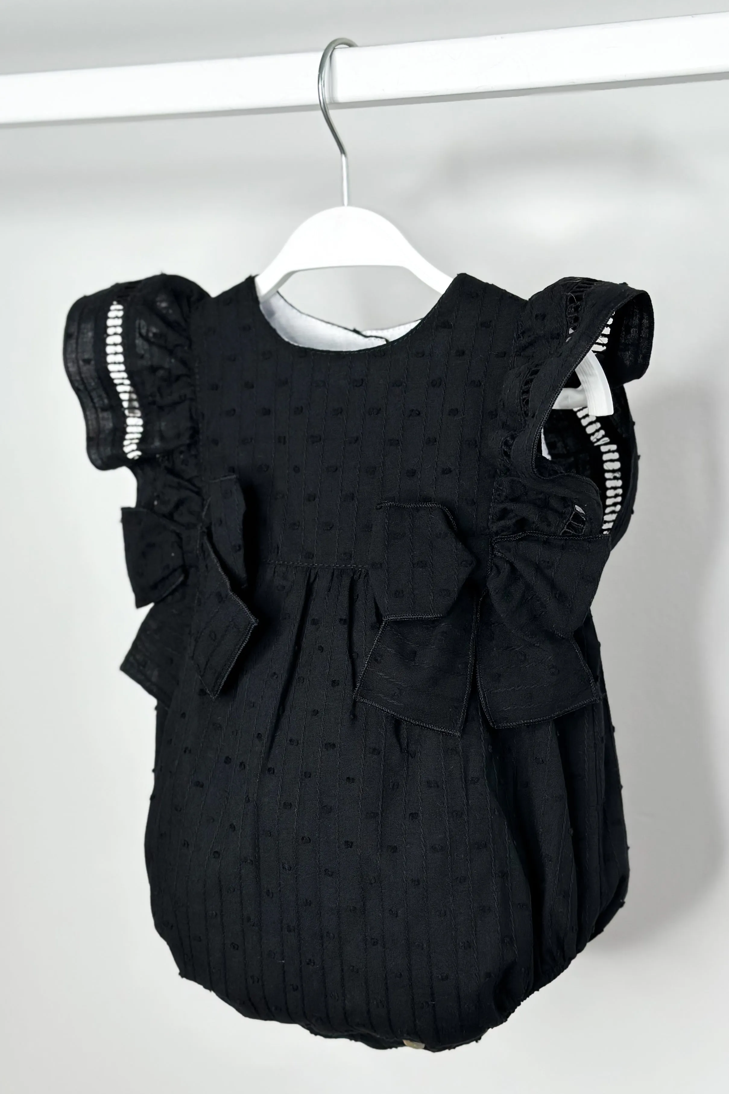 "Evalina" Black Plumeti Dot Romper