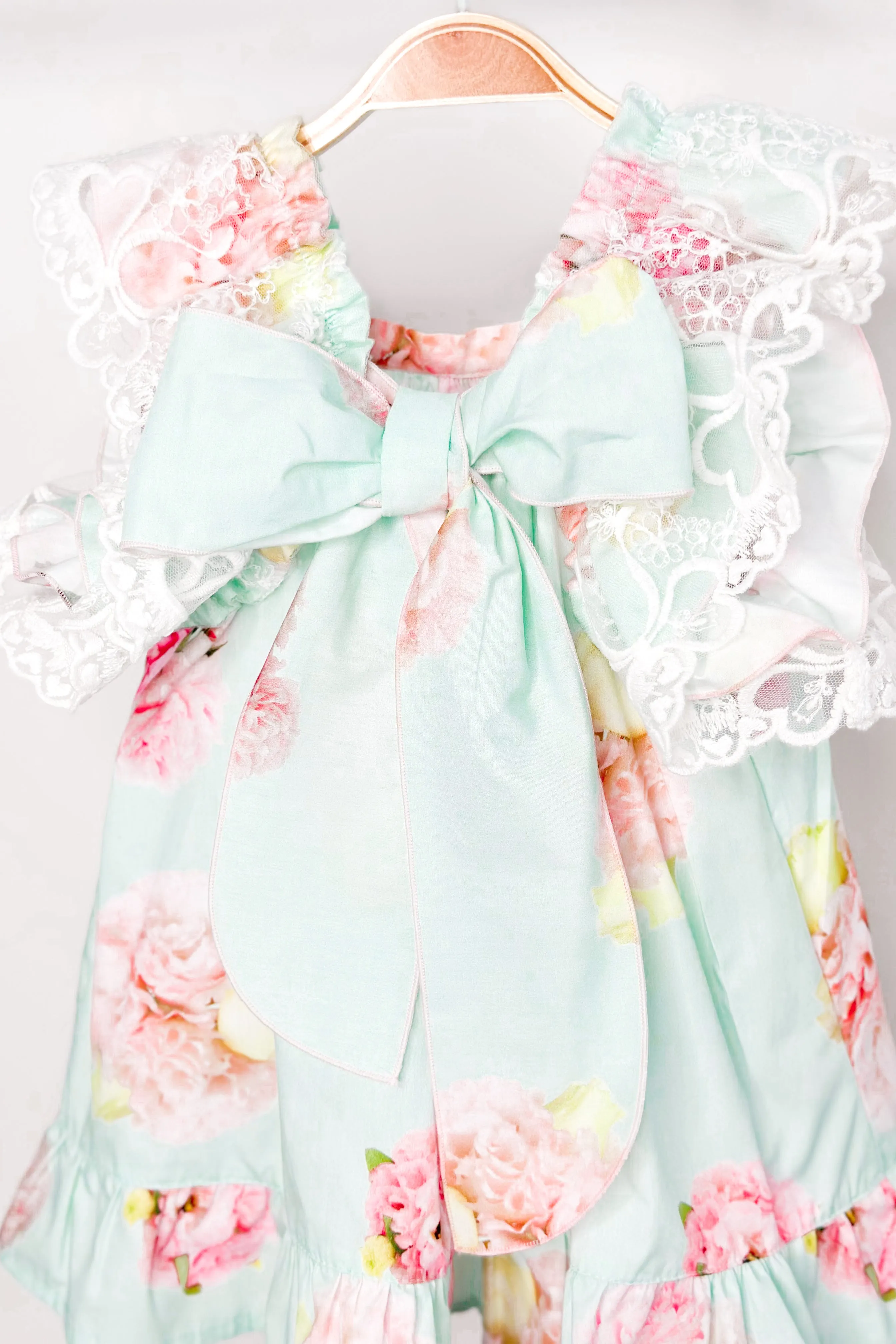 "Opal" Aquamarine Pink Peony Lace Dress