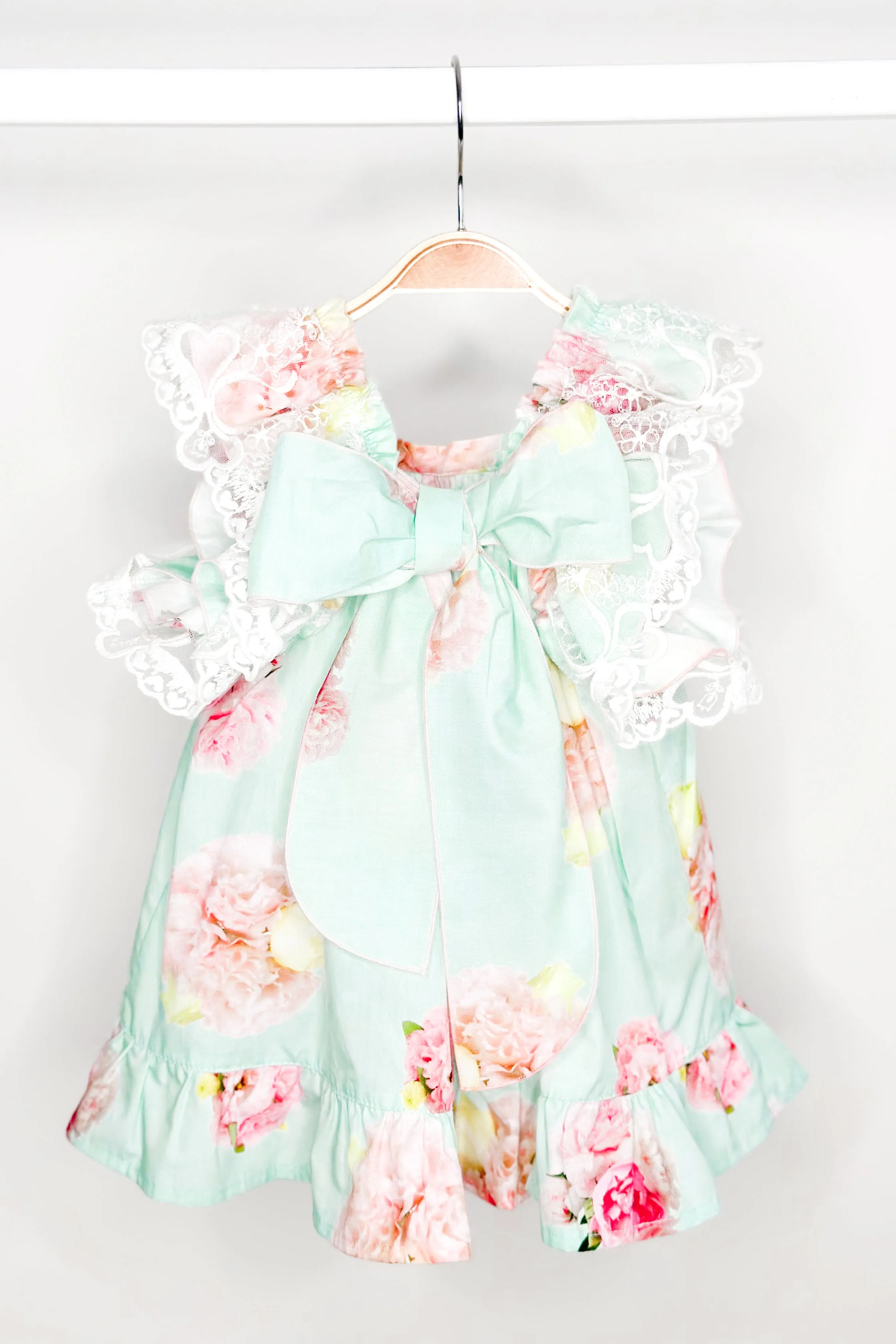 "Opal" Aquamarine Pink Peony Lace Dress