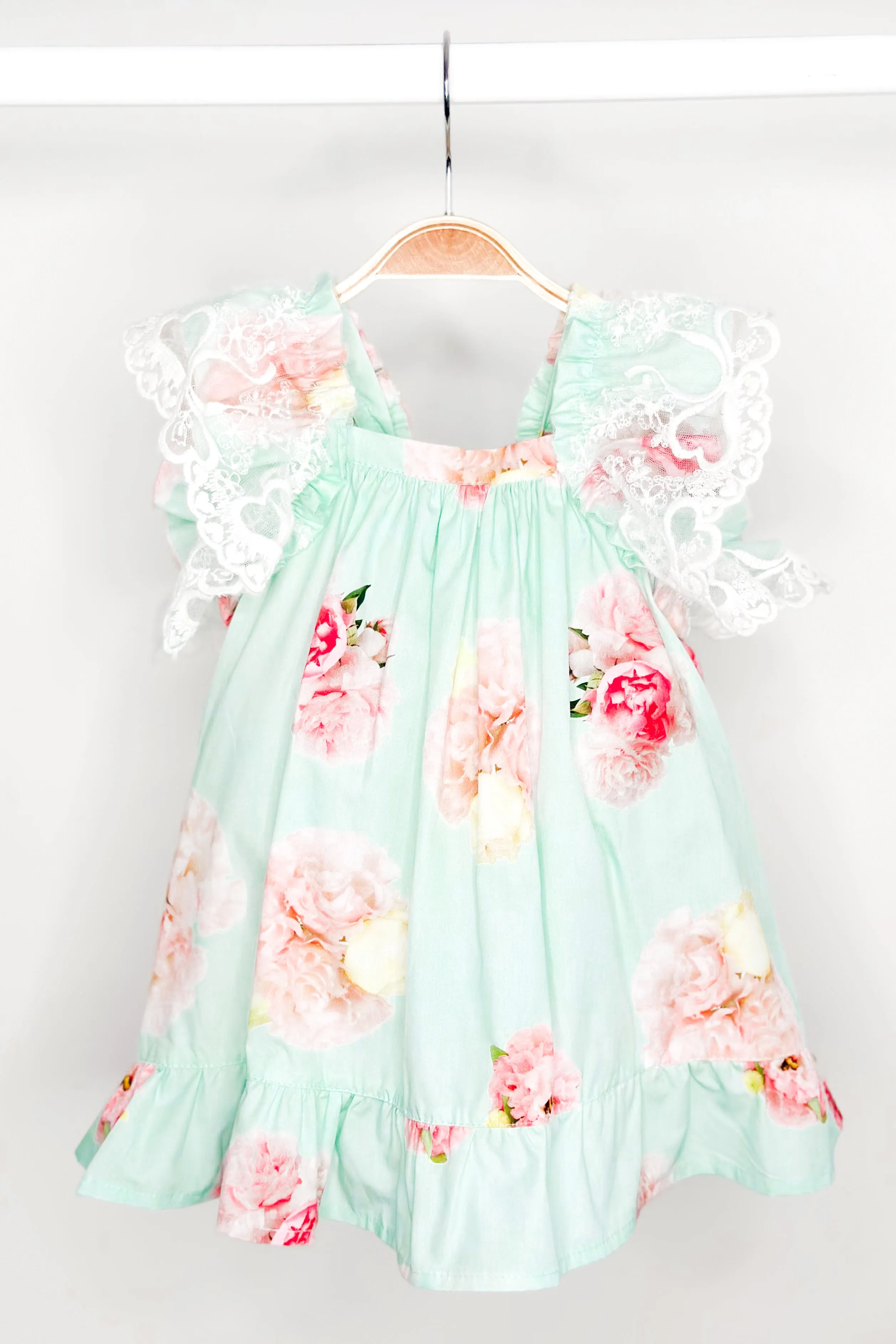 "Opal" Aquamarine Pink Peony Lace Dress