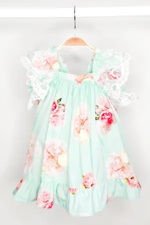 "Opal" Aquamarine Pink Peony Lace Dress