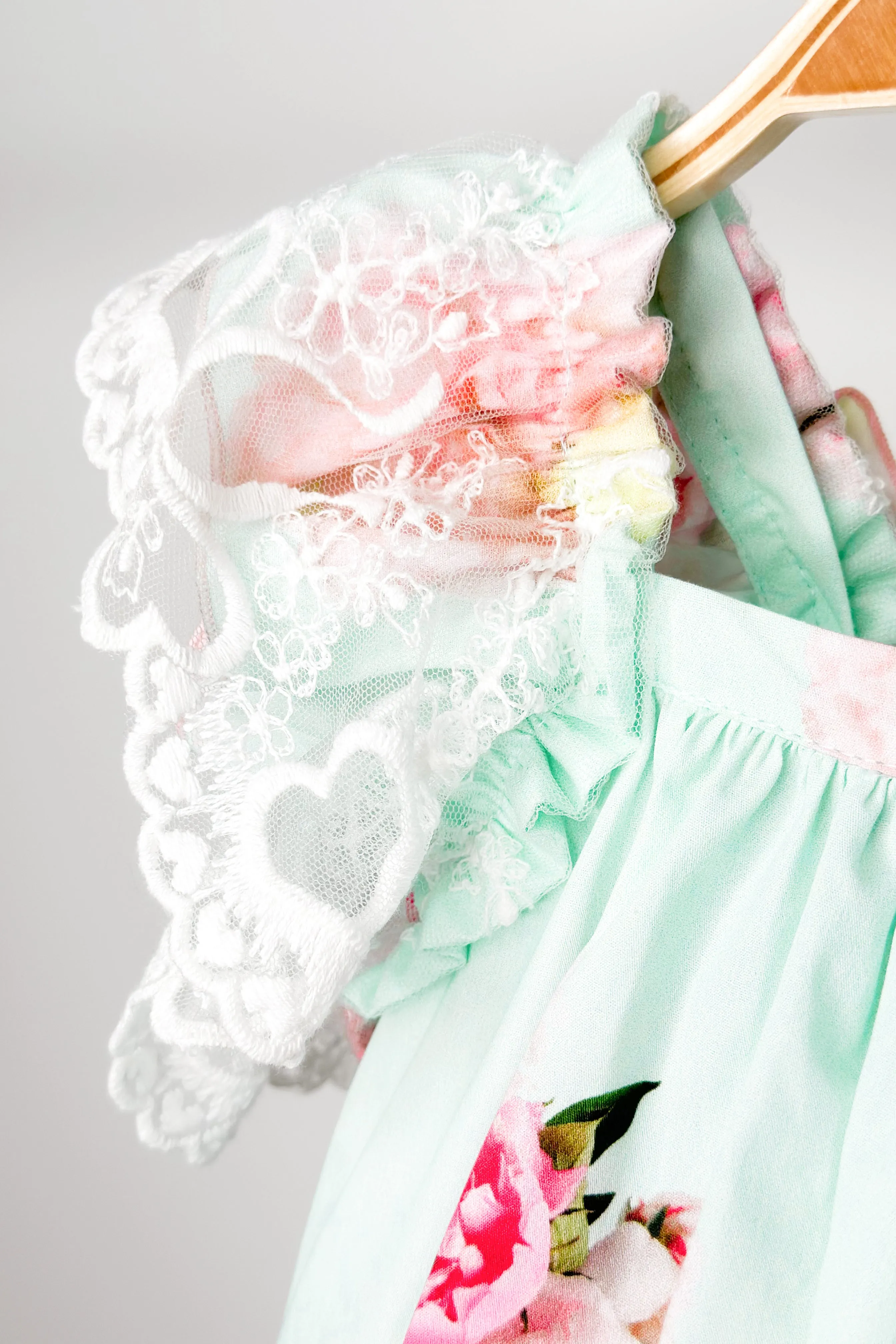 "Opal" Aquamarine Pink Peony Lace Dress