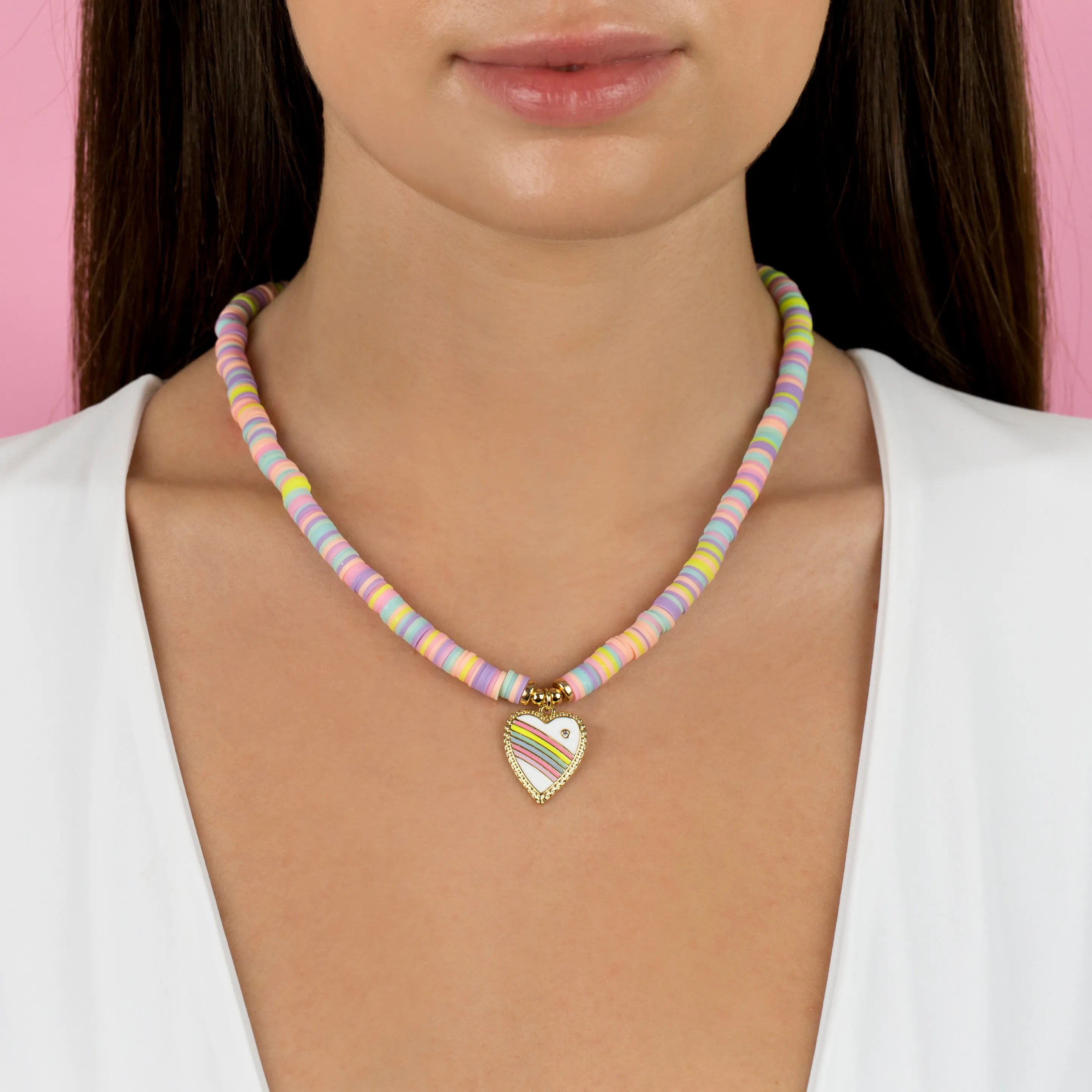 Rainbow Heart Pastel Beaded Necklace