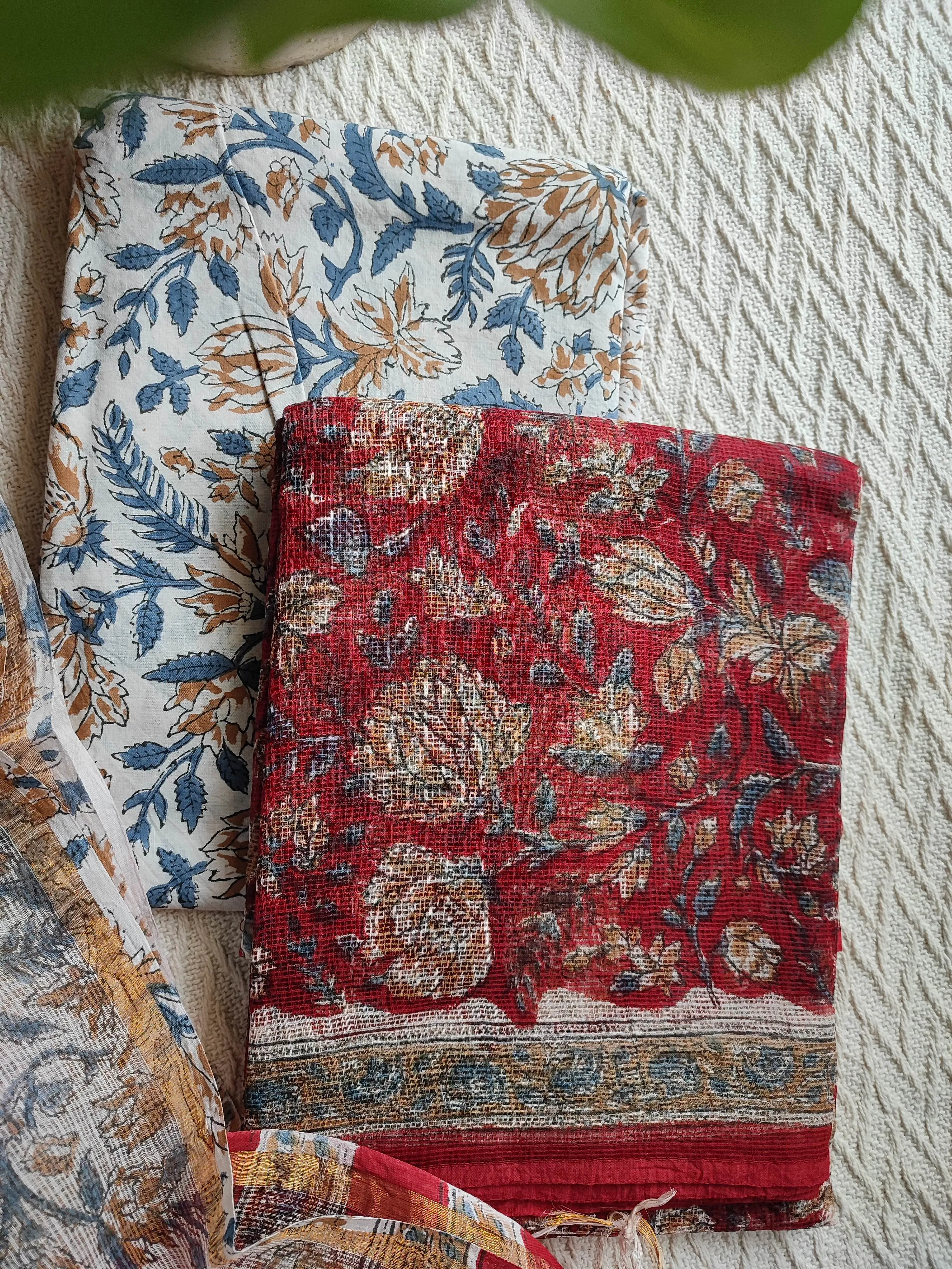 Red and Beige Floral Printed Kota Suit Set with Blue and Brown Leaf Print Dupatta