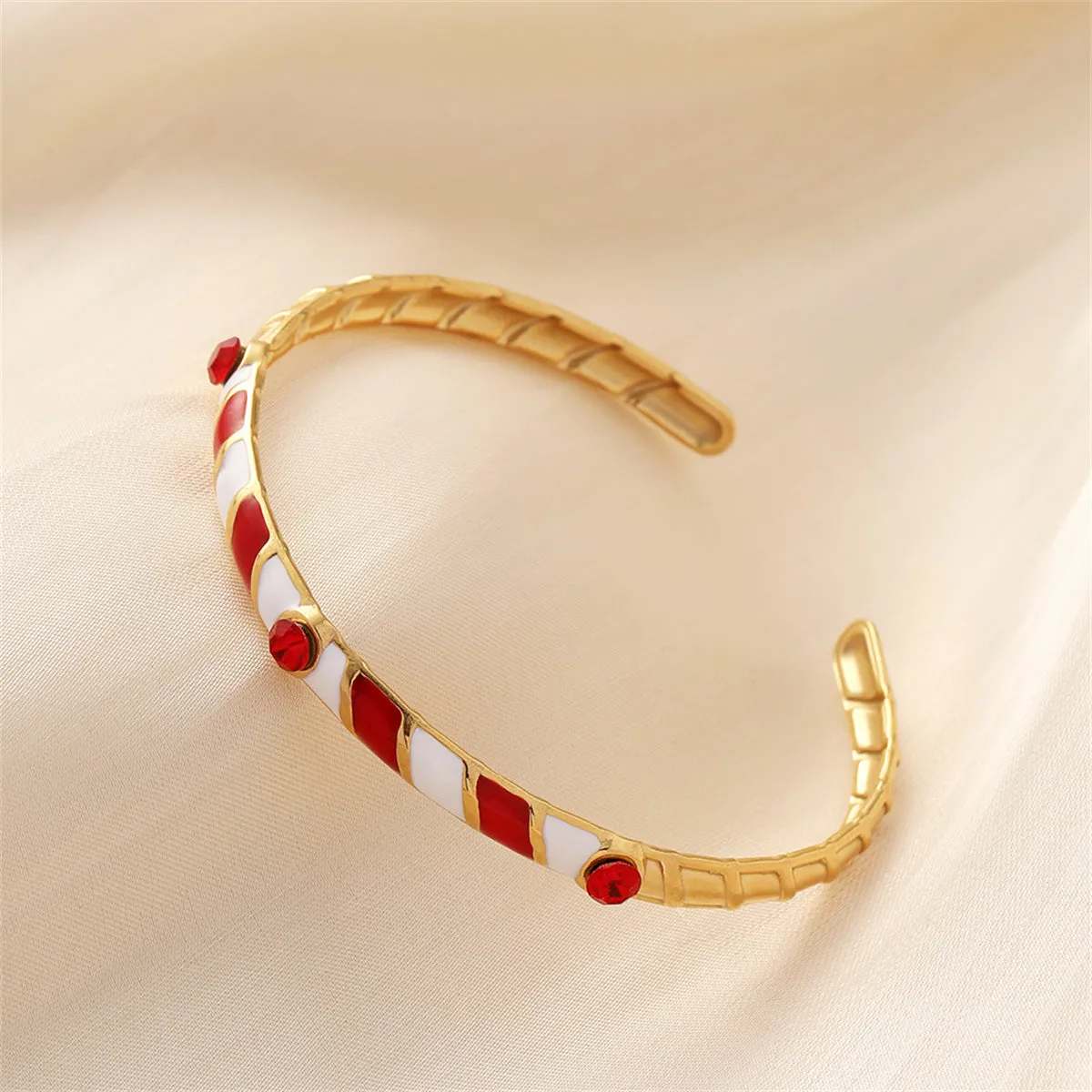 Red Cubic Zirconia & Enamel 18K Gold-Plated Stripe Cuff