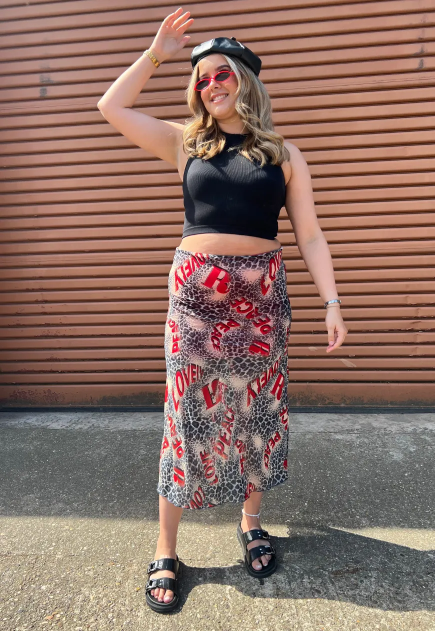 RED LEOPARD HALF LINED MESH SKIRT