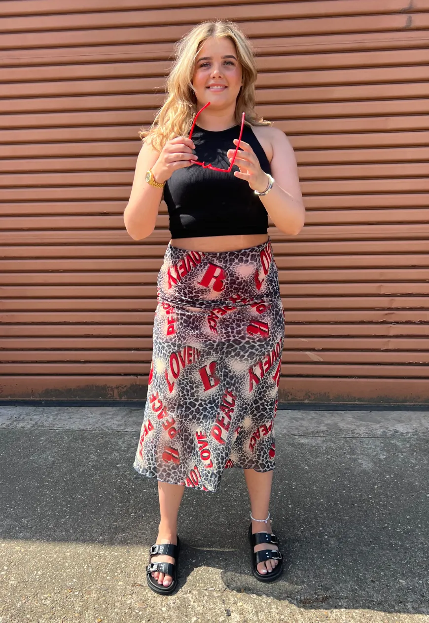 RED LEOPARD HALF LINED MESH SKIRT