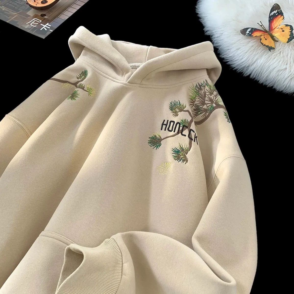 Retro Men Hoodies Letter Embroidered Oversized Hoodie Fashion Loose Pullover Hip Hop Hooded Sweatshirt Man Women Clothing