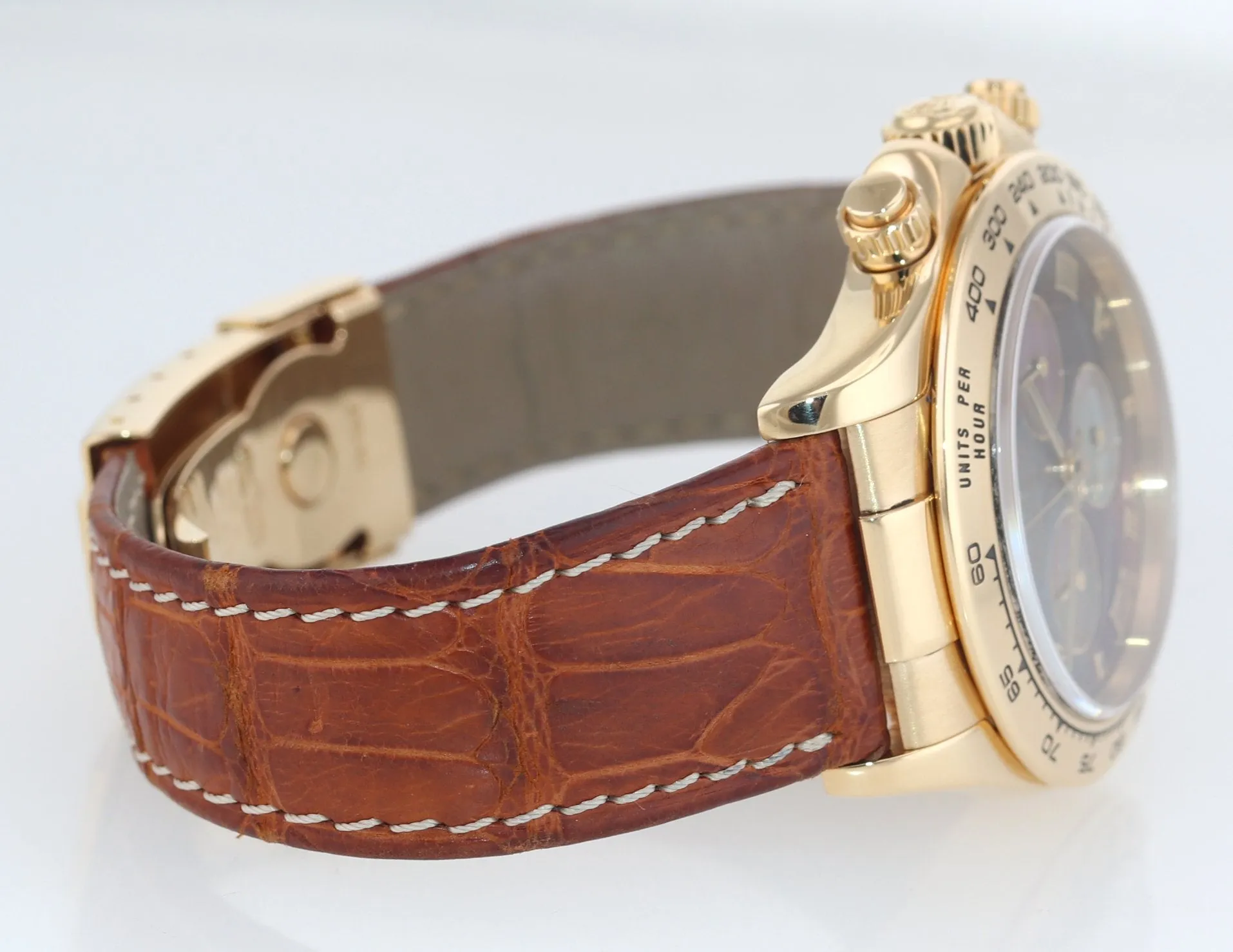 Rolex Daytona Mother of Pearl Dark MOP Roman 116518 Yellow Gold Leather Watch