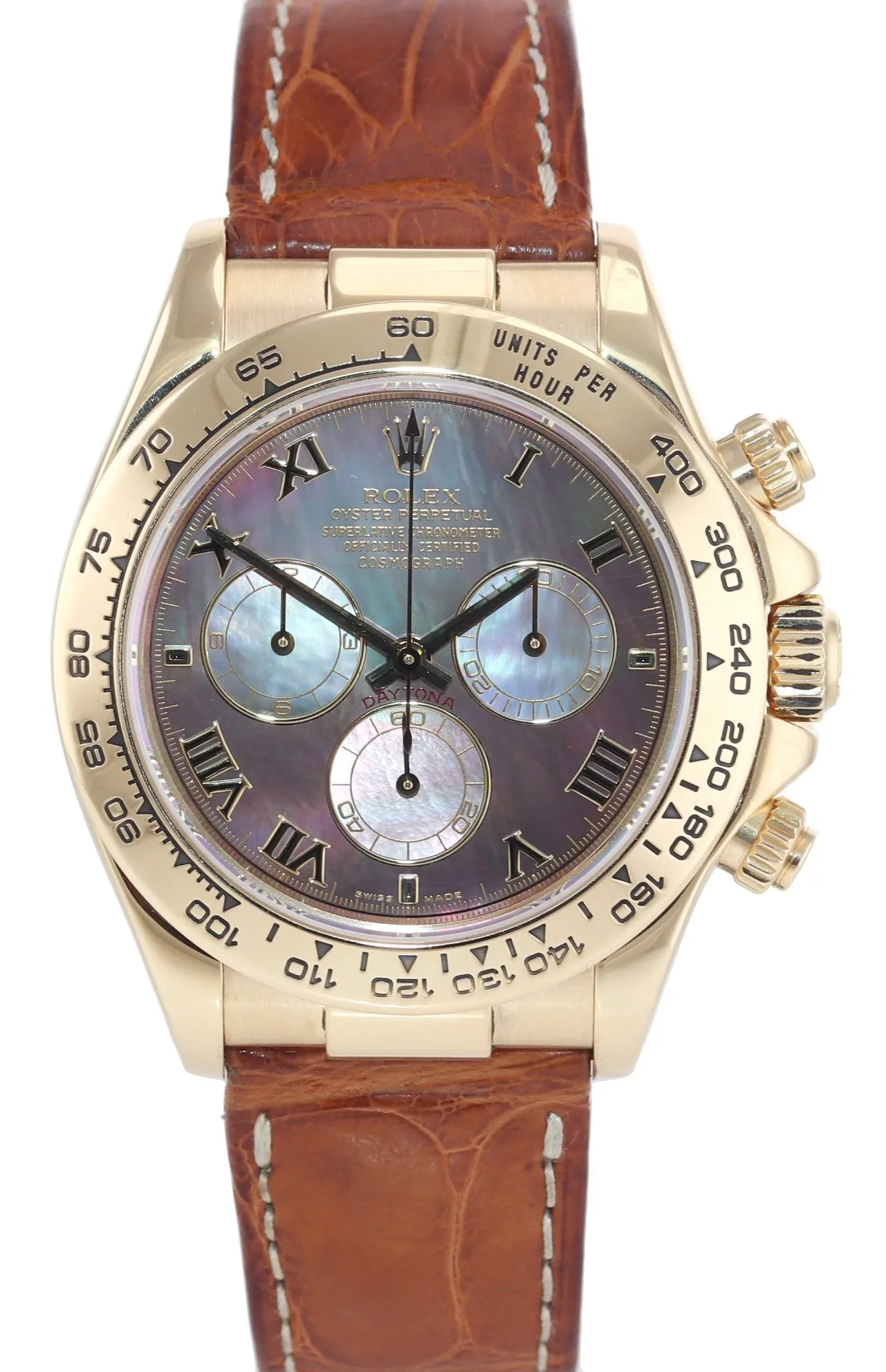 Rolex Daytona Mother of Pearl Dark MOP Roman 116518 Yellow Gold Leather Watch