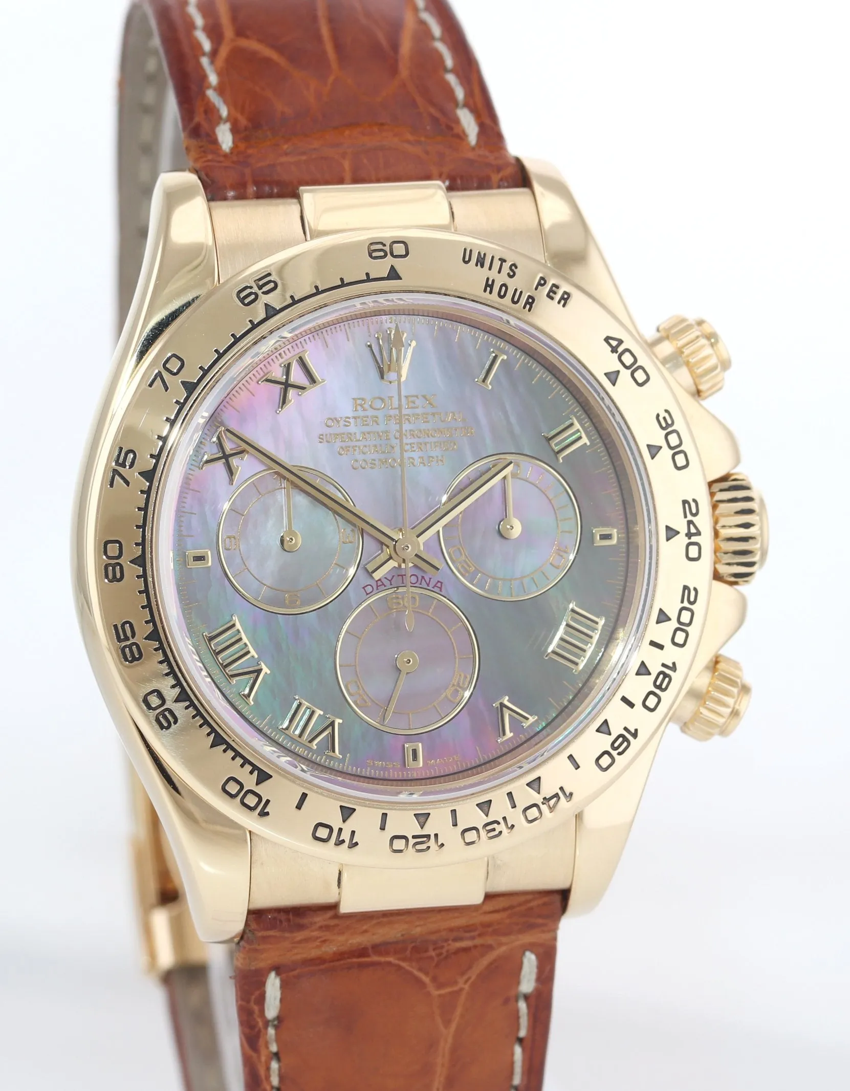 Rolex Daytona Mother of Pearl Dark MOP Roman 116518 Yellow Gold Leather Watch