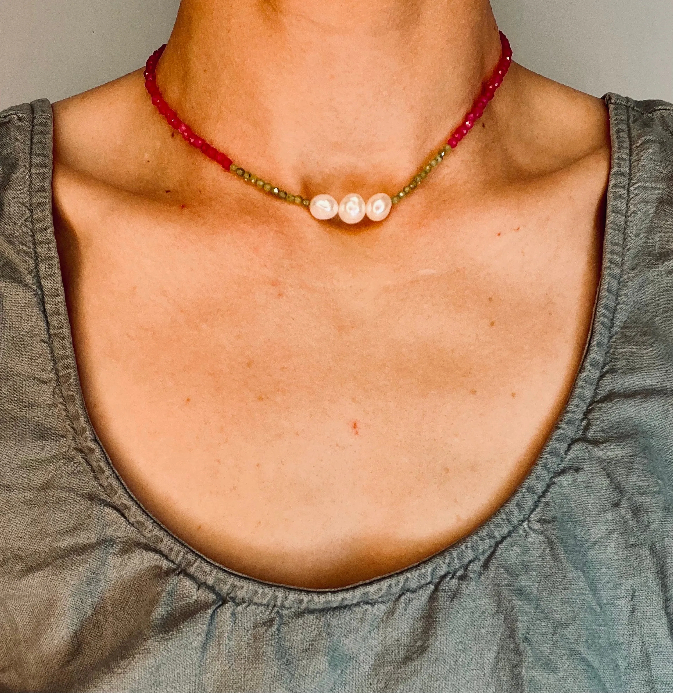 Rose Chalcedony   Peridot Choker/Double Bracelet