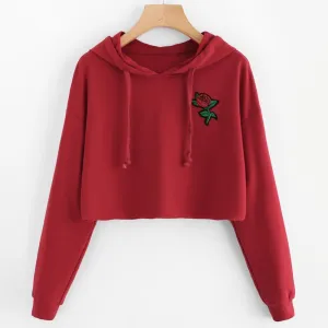 Rose Embroidery Crop Hooded Shirt