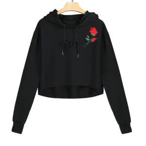 Rose Embroidery Crop Hooded Shirt
