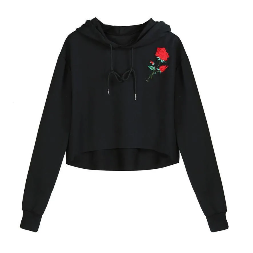 Rose Embroidery Crop Hooded Shirt