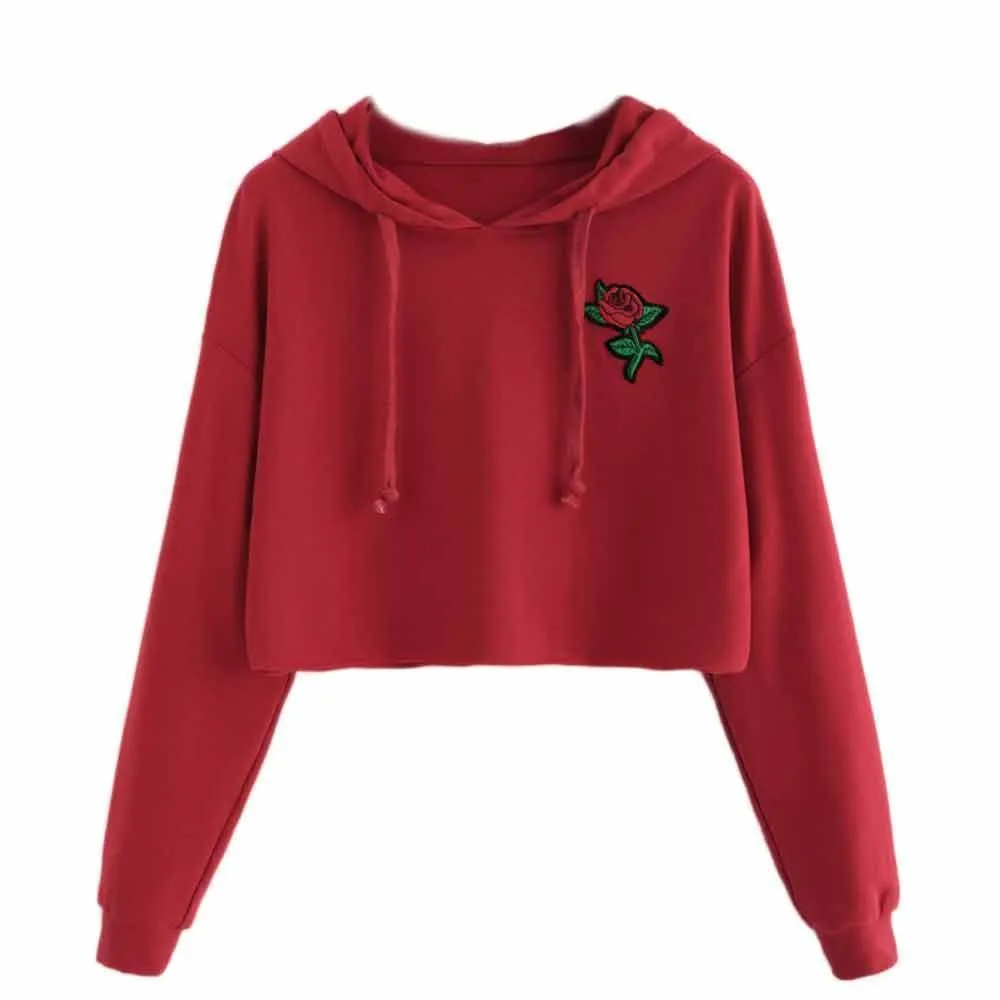 Rose Embroidery Crop Hooded Shirt