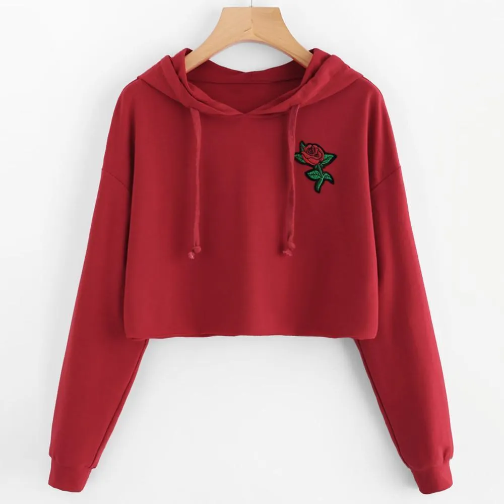 Rose Embroidery Crop Hooded Shirt