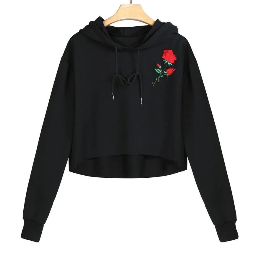Rose Embroidery Crop Hooded Shirt
