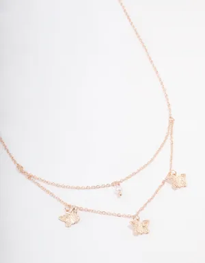 Rose Gold Butterfly Pearl Double Chain Necklace