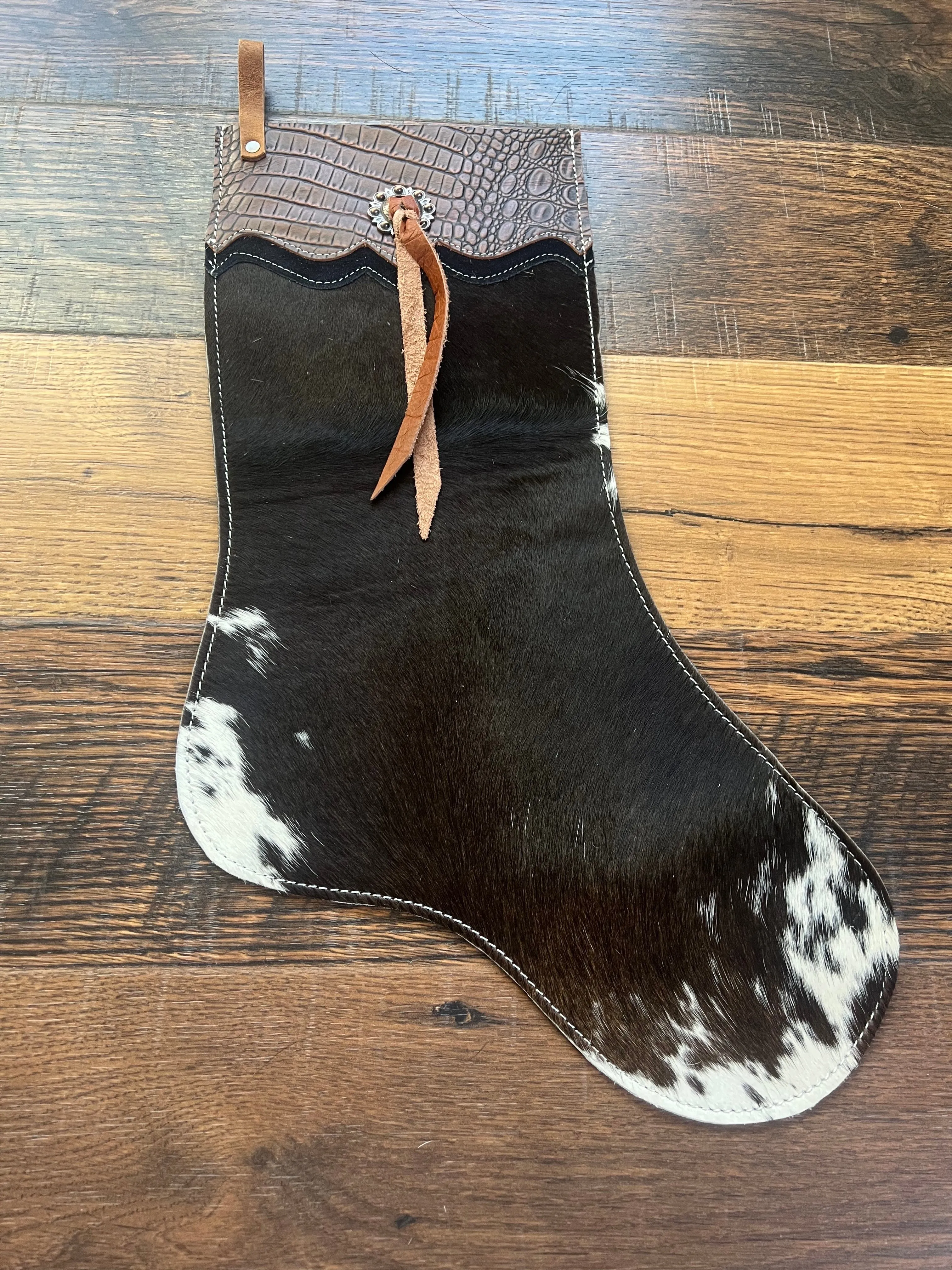Salt and Pepper Cowhide Christmas Stocking - Alligator Cuff
