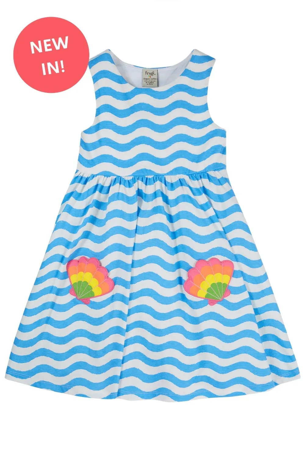 Samantha Summer Dress, Wave Stripe/Shell Dress- Blue Waves and shells - Kid's Summer Clothing