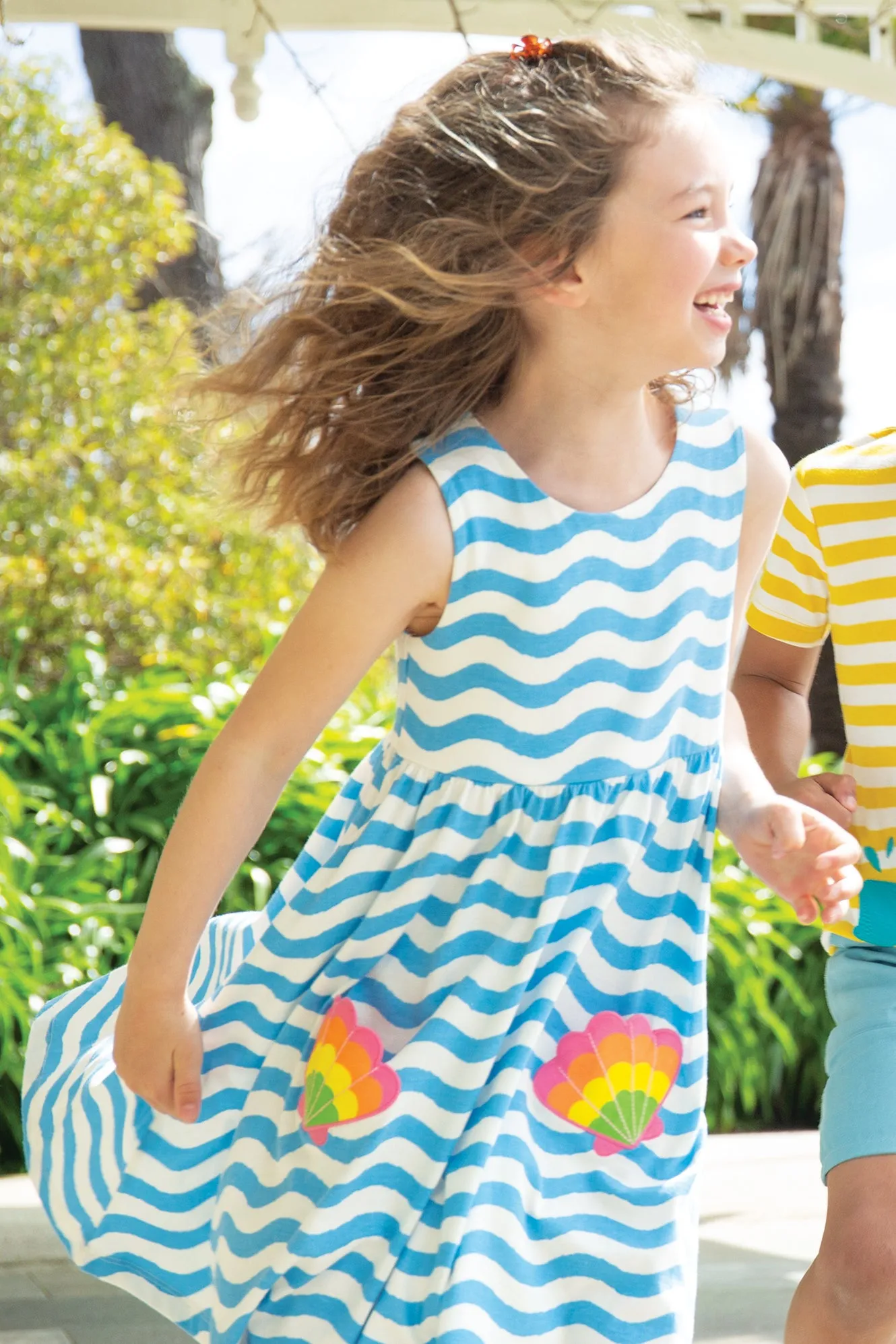 Samantha Summer Dress, Wave Stripe/Shell Dress- Blue Waves and shells - Kid's Summer Clothing