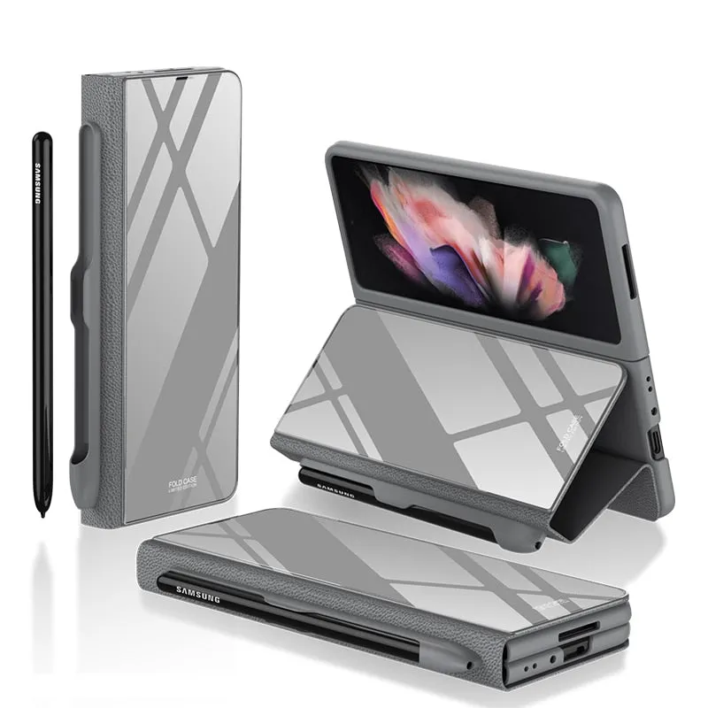 Samsung Galaxy Z Fold 3 Case With S Pen Holder Slot Leather and Tempered Glass Flip Stand Cover For Galaxy Z Fold 3