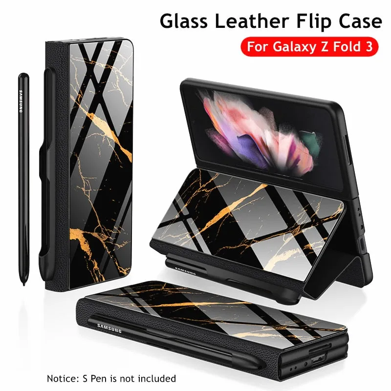 Samsung Galaxy Z Fold 3 Case With S Pen Holder Slot Leather and Tempered Glass Flip Stand Cover For Galaxy Z Fold 3