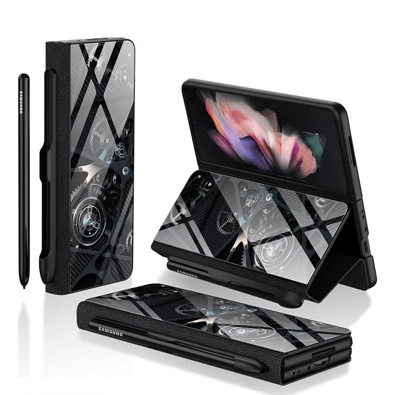 Samsung Galaxy Z Fold 3 Case With S Pen Holder Slot Leather and Tempered Glass Flip Stand Cover For Galaxy Z Fold 3