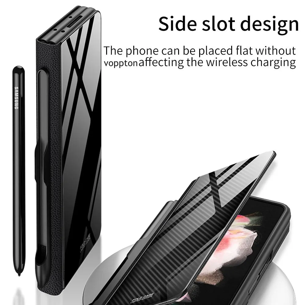 Samsung Galaxy Z Fold 3 Case With S Pen Holder Slot Leather and Tempered Glass Flip Stand Cover For Galaxy Z Fold 3