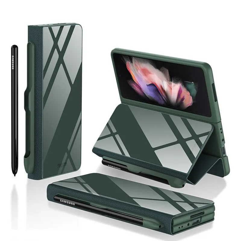 Samsung Galaxy Z Fold 3 Case With S Pen Holder Slot Leather and Tempered Glass Flip Stand Cover For Galaxy Z Fold 3