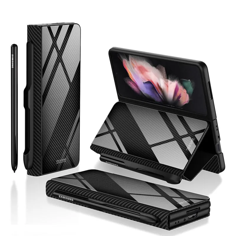 Samsung Galaxy Z Fold 3 Case With S Pen Holder Slot Leather and Tempered Glass Flip Stand Cover For Galaxy Z Fold 3