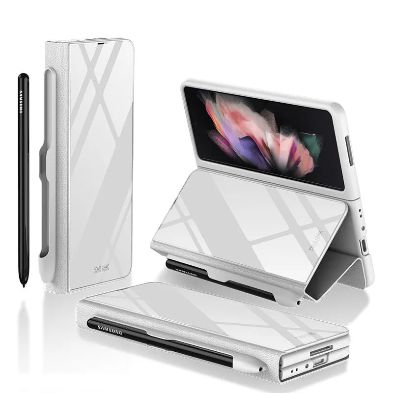 Samsung Galaxy Z Fold 3 Case With S Pen Holder Slot Leather and Tempered Glass Flip Stand Cover For Galaxy Z Fold 3