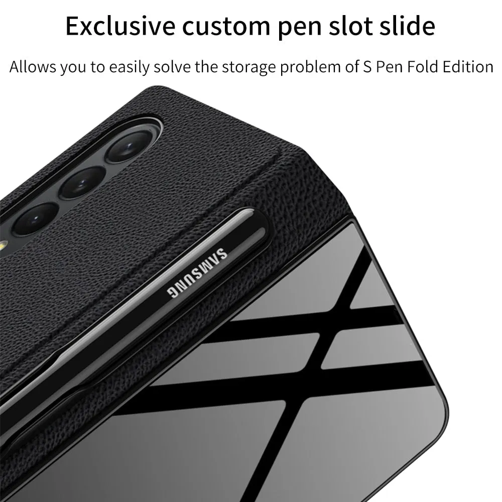 Samsung Galaxy Z Fold 3 Case With S Pen Holder Slot Leather and Tempered Glass Flip Stand Cover For Galaxy Z Fold 3