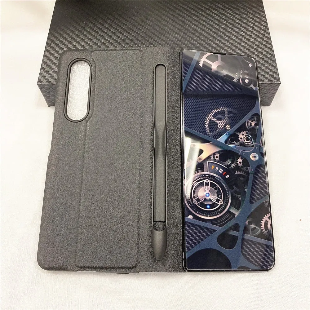 Samsung Galaxy Z Fold 3 Case With S Pen Holder Slot Leather and Tempered Glass Flip Stand Cover For Galaxy Z Fold 3