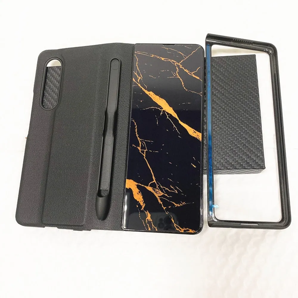Samsung Galaxy Z Fold 3 Case With S Pen Holder Slot Leather and Tempered Glass Flip Stand Cover For Galaxy Z Fold 3