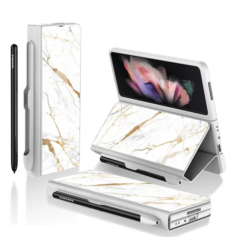 Samsung Galaxy Z Fold 3 Case With S Pen Holder Slot Leather and Tempered Glass Flip Stand Cover For Galaxy Z Fold 3