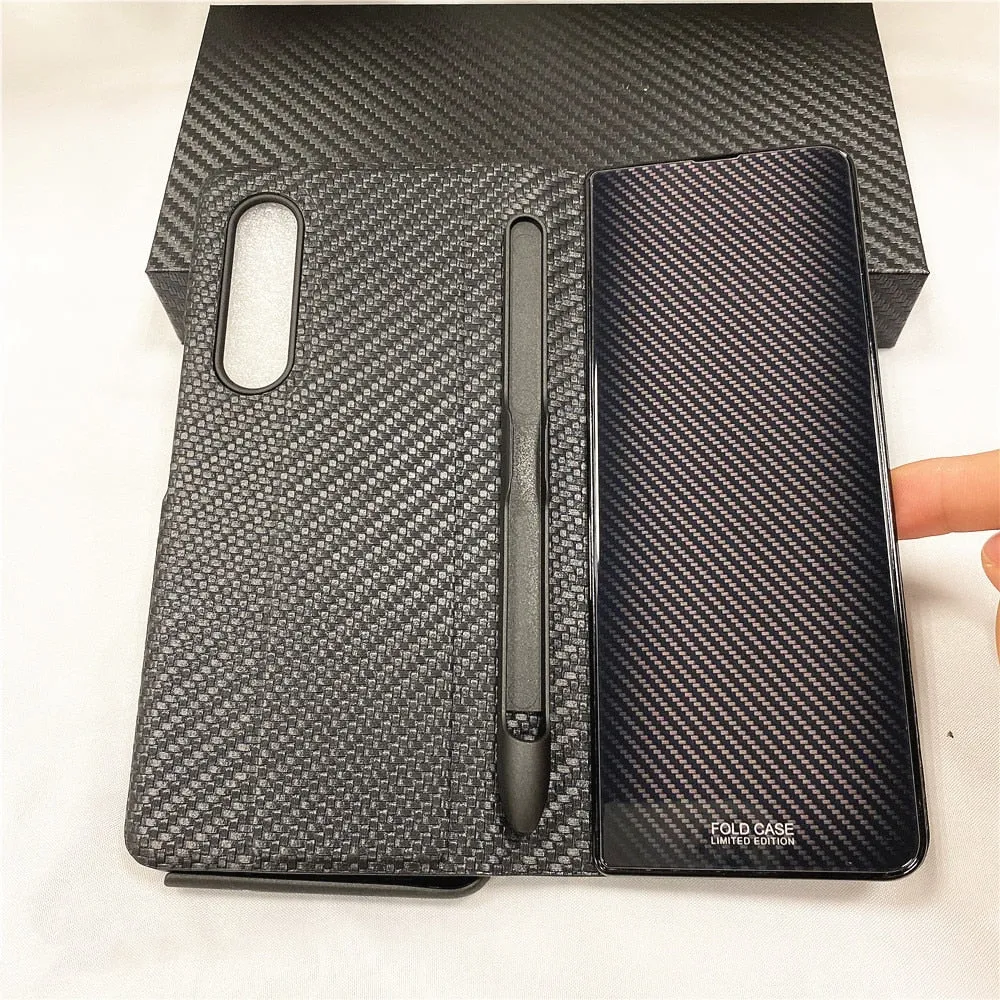 Samsung Galaxy Z Fold 3 Case With S Pen Holder Slot Leather and Tempered Glass Flip Stand Cover For Galaxy Z Fold 3