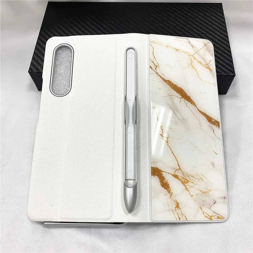 Samsung Galaxy Z Fold 3 Case With S Pen Holder Slot Leather and Tempered Glass Flip Stand Cover For Galaxy Z Fold 3
