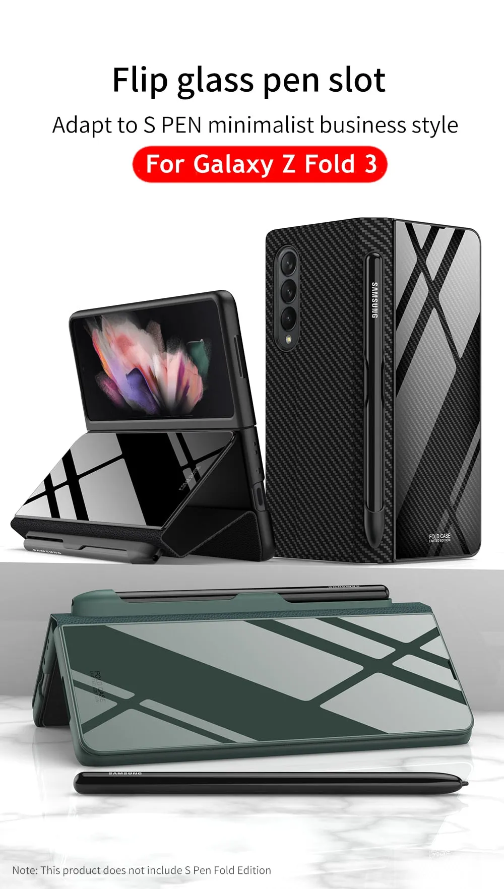 Samsung Galaxy Z Fold 3 Case With S Pen Holder Slot Leather and Tempered Glass Flip Stand Cover For Galaxy Z Fold 3