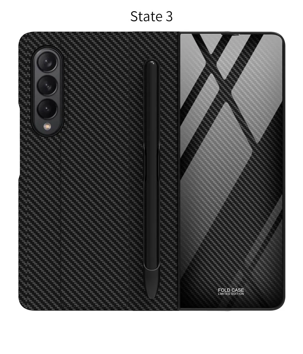 Samsung Galaxy Z Fold 3 Case With S Pen Holder Slot Leather and Tempered Glass Flip Stand Cover For Galaxy Z Fold 3