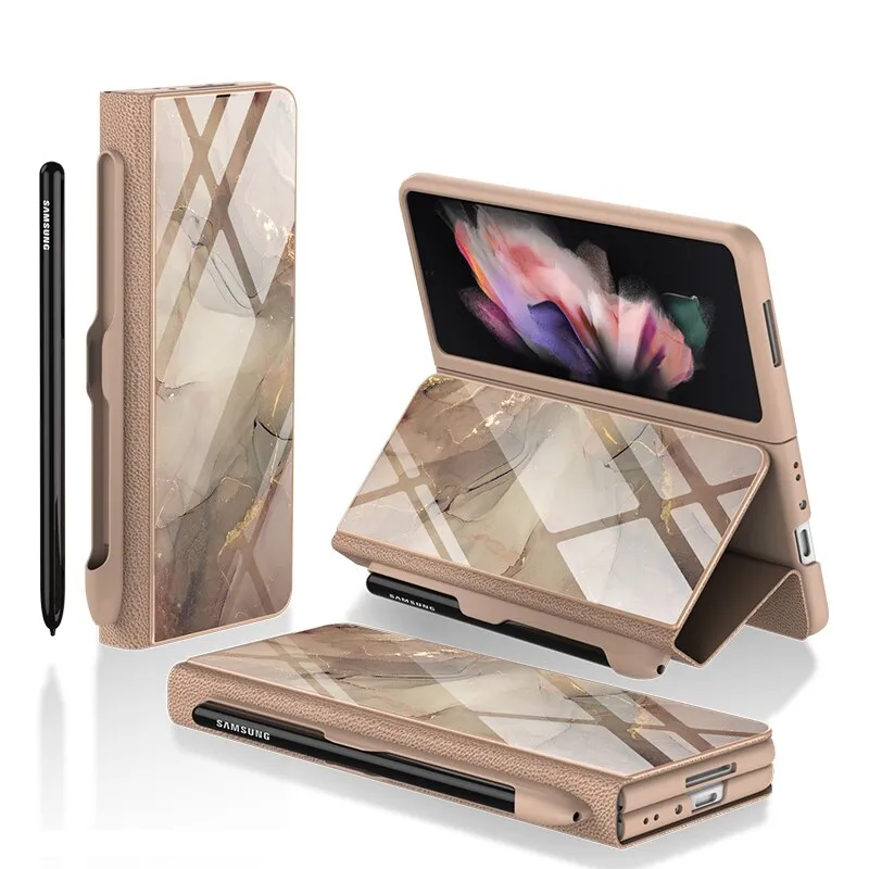 Samsung Galaxy Z Fold 3 Case With S Pen Holder Slot Leather and Tempered Glass Flip Stand Cover For Galaxy Z Fold 3