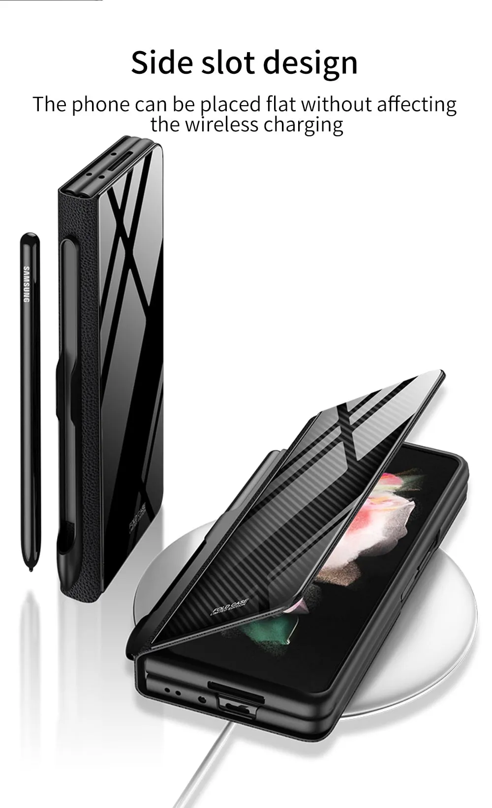 Samsung Galaxy Z Fold 3 Case With S Pen Holder Slot Leather and Tempered Glass Flip Stand Cover For Galaxy Z Fold 3