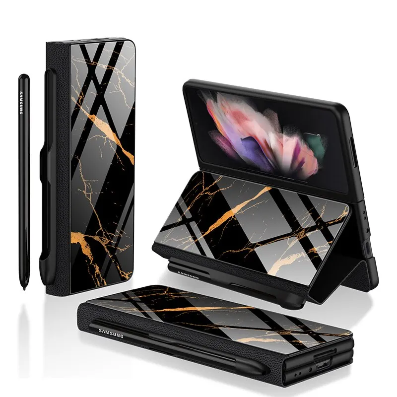 Samsung Galaxy Z Fold 3 Case With S Pen Holder Slot Leather and Tempered Glass Flip Stand Cover For Galaxy Z Fold 3