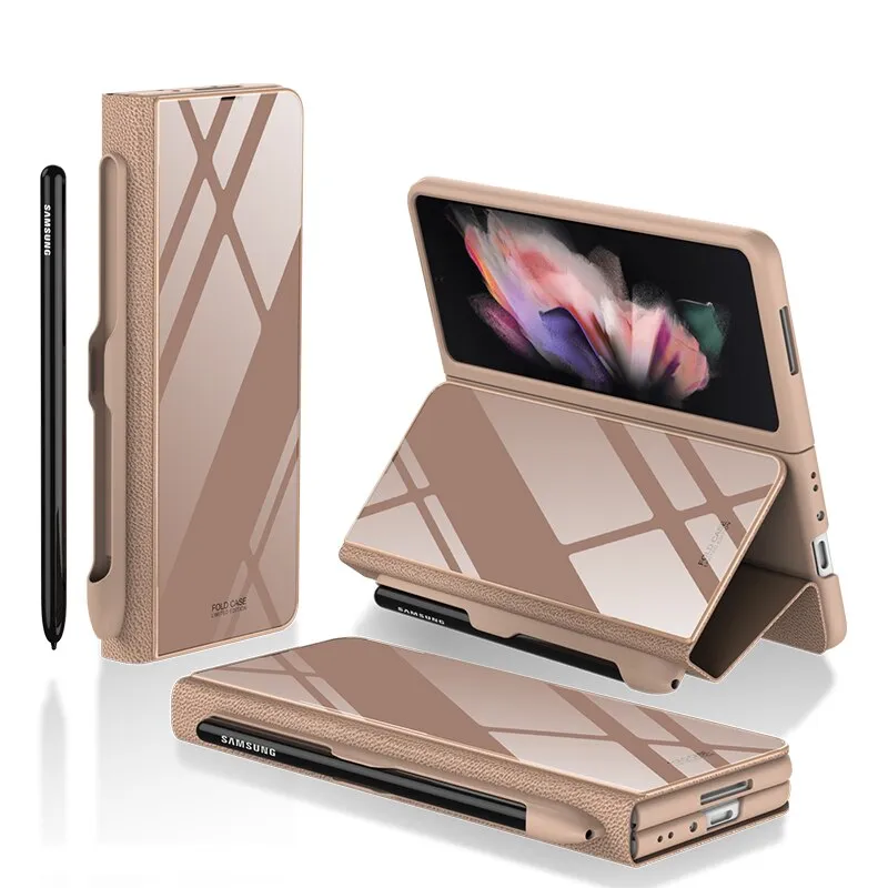 Samsung Galaxy Z Fold 3 Case With S Pen Holder Slot Leather and Tempered Glass Flip Stand Cover For Galaxy Z Fold 3